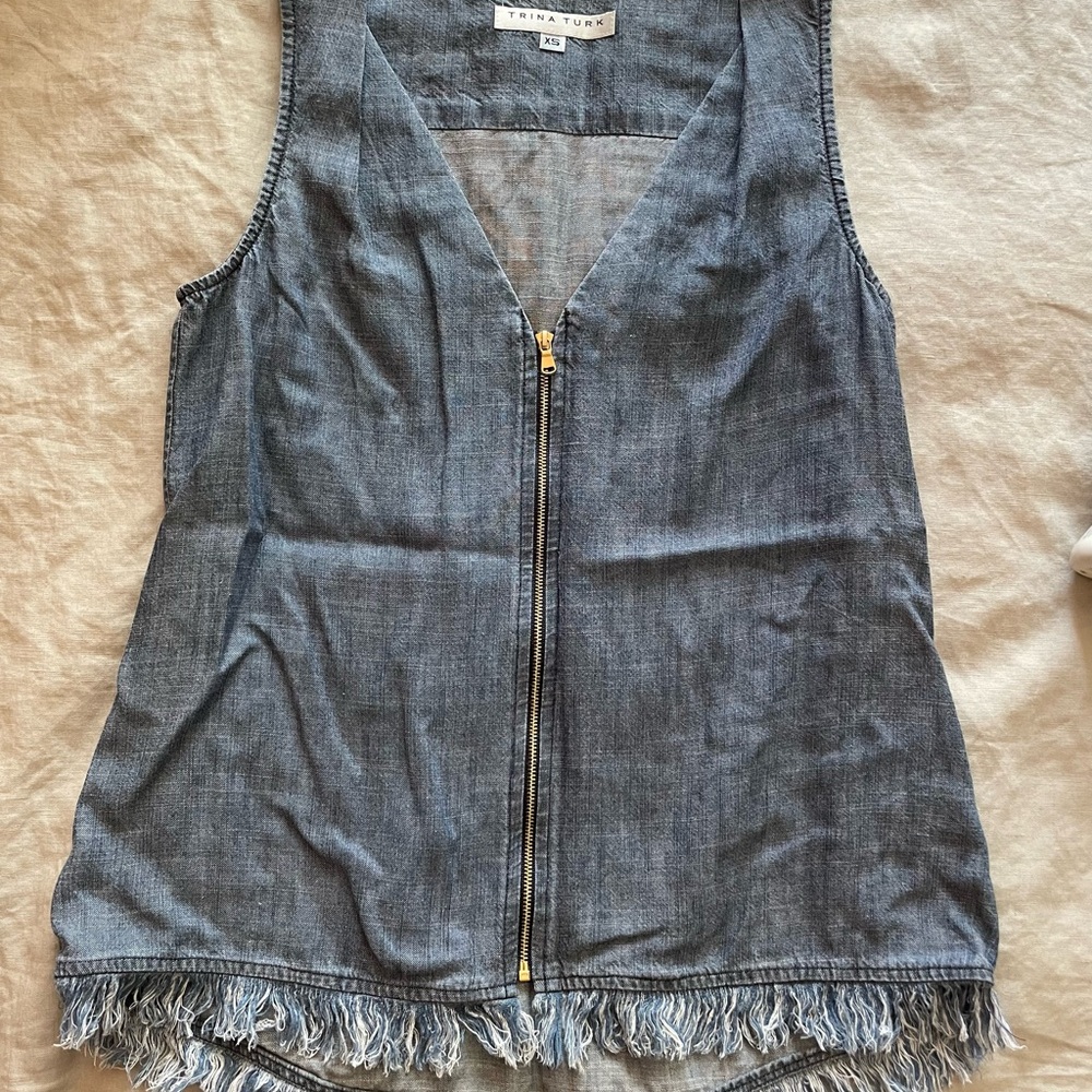 Trina Turk Denim V-Neck Fringe Vest or Top. Front zip XS